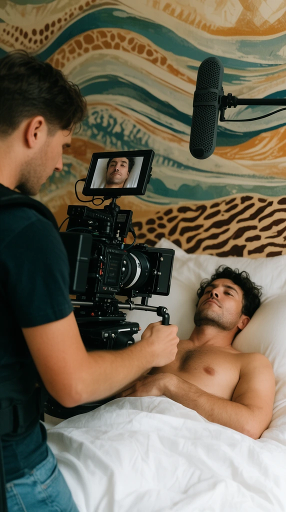 A camera operator films a shirtless man lying on a white bed using a complex cinema rig. A top-mounted monitor displays the man's close-up. An overhead boom mic hangs nearby against a background wall mural of earthy abstract waves and animal-print motifs in soft naturalistic lighting.