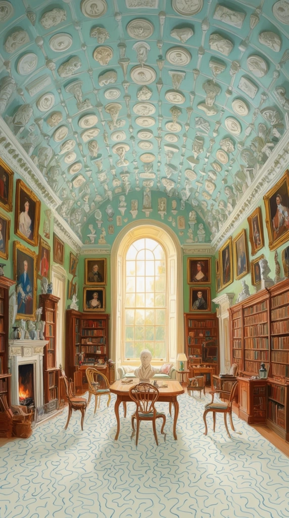 wide-angle view of a grand whimsical study, vaulted pale aqua ceiling with a grid pattern densely adorned with hundreds of white plaster casts and classical medallions, tall wooden bookcases lining pale green walls, densely hung framed classical portraits, large arched window glowing with warm natural light, fireplace with lit fire, central wooden table holding a pale bust, delicate wooden chairs, pale floor covering featuring a squiggly meandering blue pattern, highly detailed illustrative style, vivid soft palette of warm wood and aqua, symmetrical composition