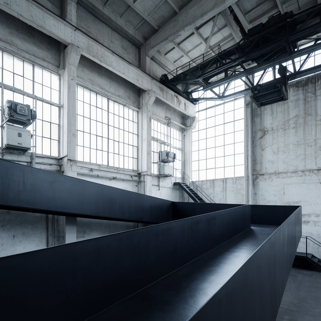 A cavernous industrial interior contrasts an angular, matte black metal ramp with weathered concrete walls and expansive grid windows. The dark walkway zig-zags through the lower foreground beneath exposed structural beams and a heavy overhead crane gantry. Large multi-paned windows flood the pale space with diffused, cool natural light, illuminating wall-mounted mechanical units and thin metal stairs. The wide-angle architectural composition emphasizes sharp geometric interplay between the sleek modern structure and the raw warehouse shell, employing a desaturated palette of cool greys, deep blacks, and stark whites.