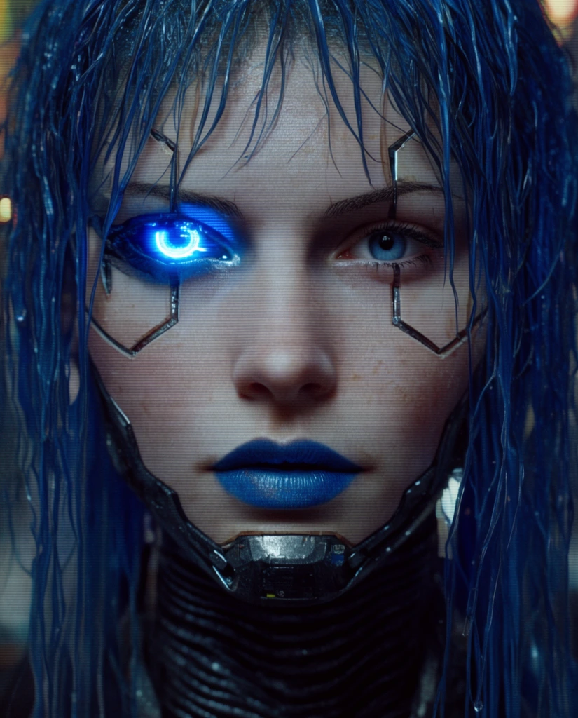 close-up portrait of a cyberpunk figure, glowing neon blue cybernetic right eye, natural blue left eye, wet stringy blue hair, pale skin with thin metallic panel seams across the face, blue lipstick, ribbed dark neckpiece, CRT scanline texture overlay, cinematic lighting, gritty photorealism