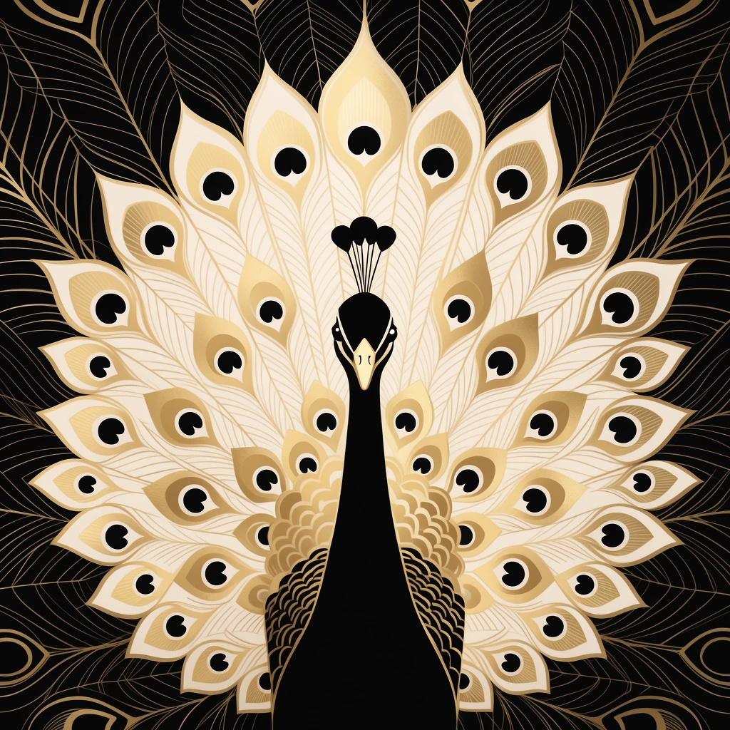 Art Deco stylized peacock, stark black silhouette, fanned tail in metallic gold and cream, geometric eye patterns, symmetrical composition, black background with delicate gold line art, vintage luxury vector illustration