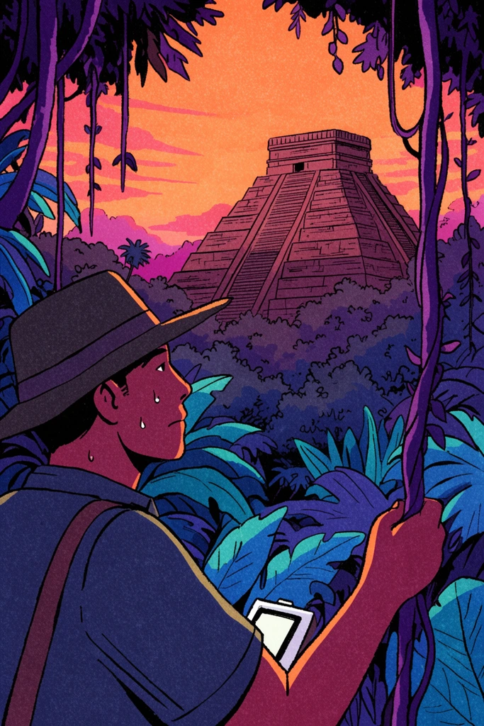 An explorer in a dense jungle gazes at a distant stepped pyramid under a vibrant orange and pink sunset. Seen in profile, the man wears a wide-brimmed hat and shoulder strap, grasping a thick vine and a white rectangular device. Sweat dots his face. Large blue and teal leaves and hanging purple vines frame the foreground, leading to the ancient temple rising above the trees. The illustration features a pronounced grainy texture, bold black outlines, and a stylized palette of deep purples and warm sunset hues, evoking a retro comic aesthetic.