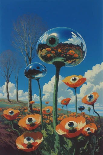 Retro-Futurist Surreal Dreamscapes style reference image — crisp volumetric clouds
