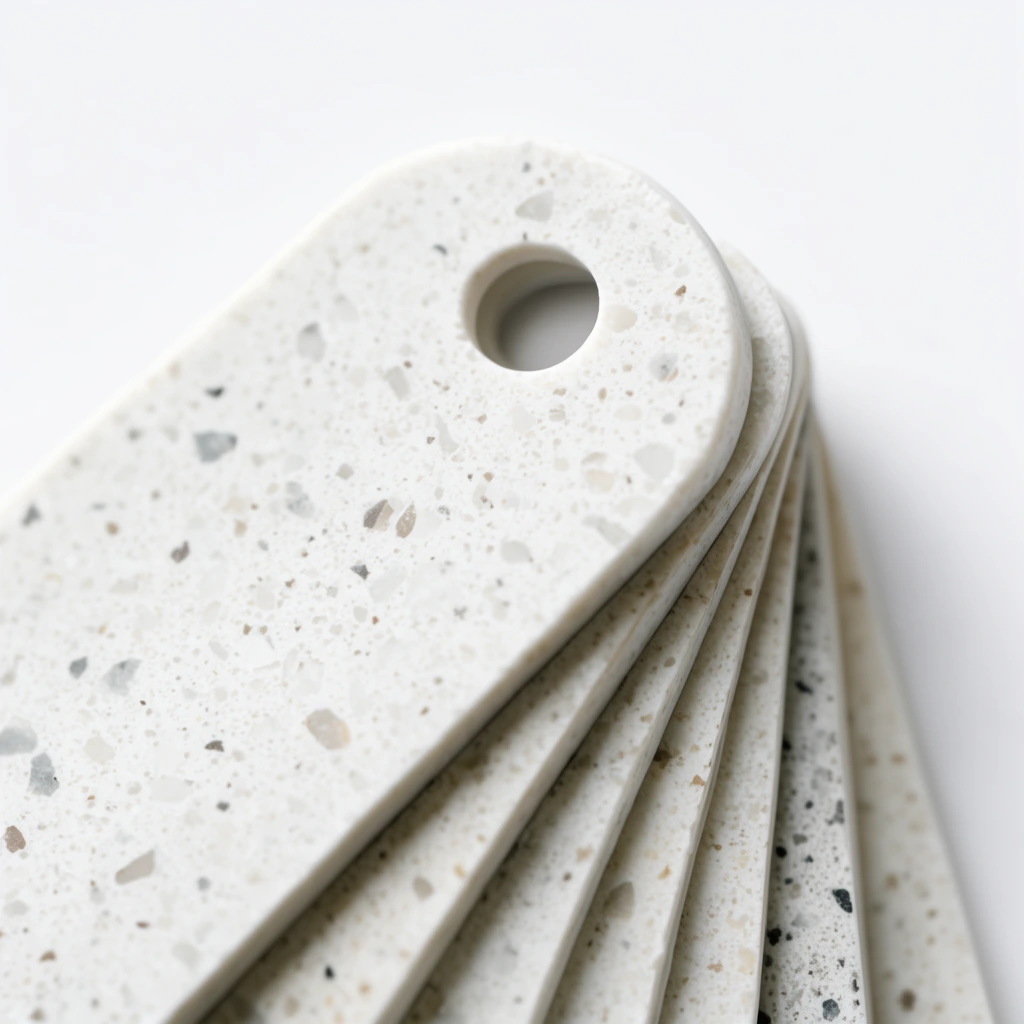 fanned rectangular material swatches, off-white speckled terrazzo texture, rounded top edge with circular pivot hole, stacked flat strips fanning outward, minimalist white background, soft diffused lighting, macro product photography