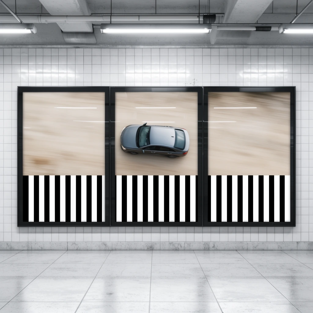 illuminated black-framed triptych billboard on a white square-tiled subway wall, three panels showing a top-down view of a speeding grey car on a motion-blurred beige surface, bold black and white vertical stripes across the lower section, glossy glass reflecting horizontal fluorescent tube lights, symmetrical architectural photography, sterile environment