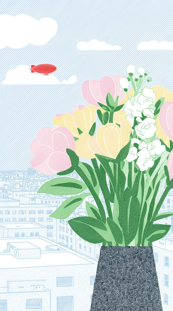 A stylized graphic illustration of a floral bouquet in a patterned vase overlooking a pale blue cityscape. The prominent bouquet features thick green stems and leaves textured with uniform dot patterns, supporting blossoms in pastel pink, pale yellow, and stark white. The dark vase is covered in a dense network of white hatching lines. In the background, sprawling flat-roofed buildings are rendered purely in thin light blue outlines and sparse dotted shading. The sky is constructed from continuous diagonal pale blue lines, interrupted by solid white puffy clouds and a solitary bright red blimp. The artwork employs a distinct printmaking aesthetic heavily reliant on halftone stippling, precise linear hatching, and a limited flat color palette to construct form and texture.