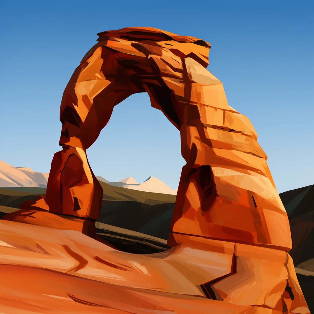 A stylized digital painting of a massive terracotta sandstone arch in a sunlit desert. Strong angular shadows highlight the rugged, freestanding rock pillars. The towering formation frames distant pale mountain peaks and dark rolling terrain. Bold painterly brushstrokes, expressive color blocking, a smooth sloping rock foreground, and a clear gradient blue sky define the illustrative composition.