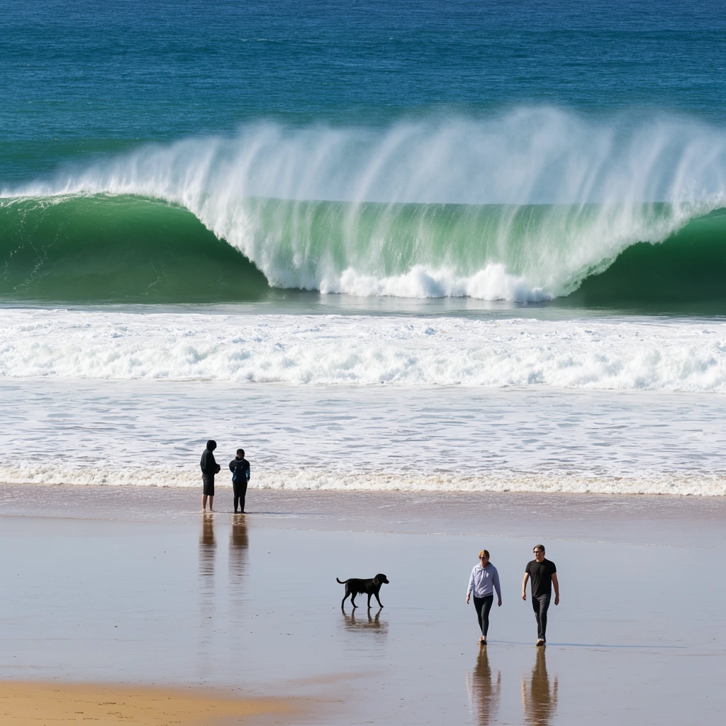 A towering, jade-green ocean wave curls powerfully across the background, its crest whipped into a thick veil of white sea spray. In the foreground of this telephoto landscape, tiny figures and a black dog populate a flat, reflective sandy beach, emphasizing the immense scale of the surging water. Two people walk side-by-side across the wet sand, while two others stand in the shallow wash. A wide band of turbulent white foam separates the peaceful shoreline from the deep blue ocean under bright, clear daylight.