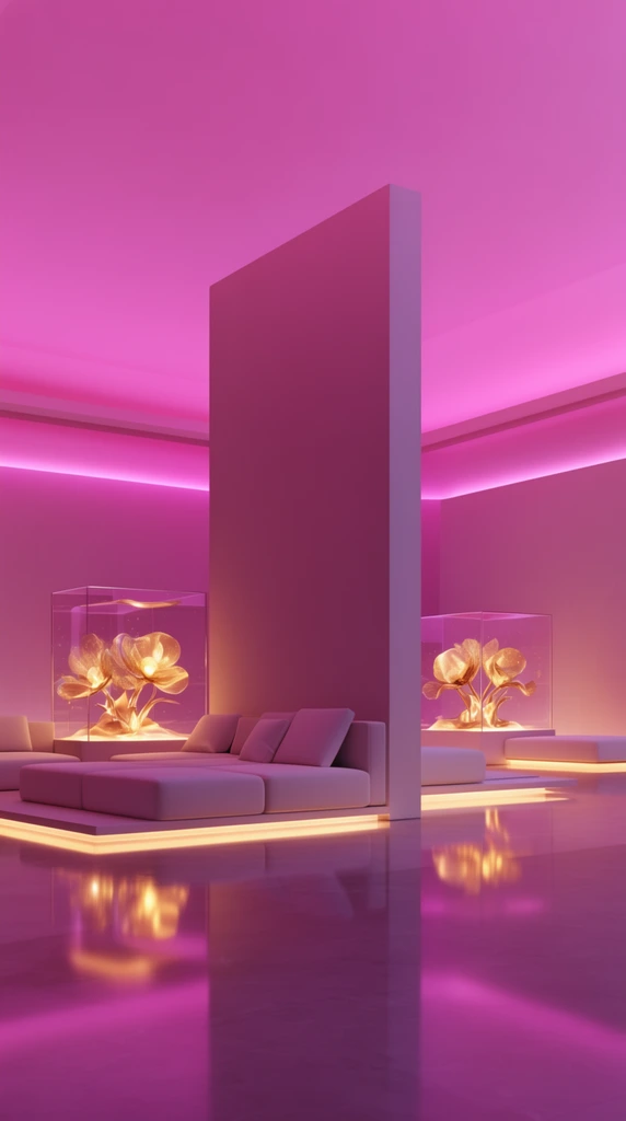 minimalist interior bathed in vibrant magenta ambient light, clean architectural geometry, central freestanding partition, highly reflective polished floor, glass display cubes containing glowing golden flower sculptures, low-profile white sectional sofa, warm yellow internal illumination, under-lit architectural reveals, sleek futuristic 3D visualization