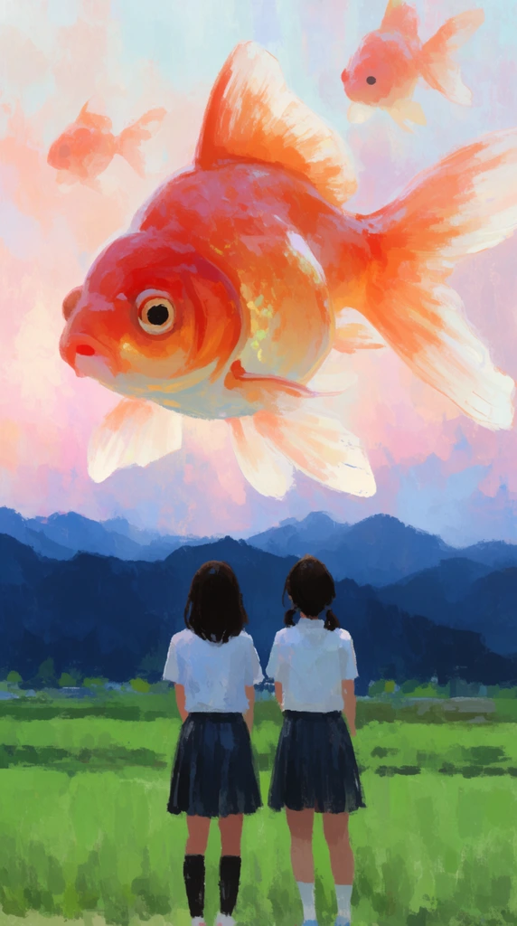 Giant translucent goldfish floating in pastel sky, two schoolgirls seen from behind looking up, dark blue mountains, green field, impressionistic digital painting, thick brushstrokes