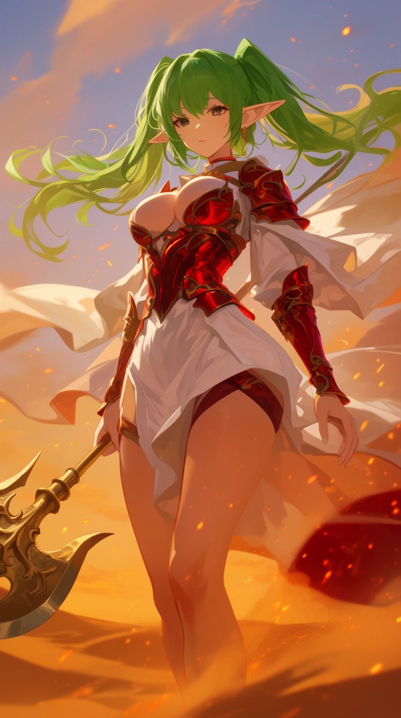tall elf woman, green twin-tails, crimson armored corset, flowing white tunic in wind, holding golden halberd, low angle, desert sunset, orange embers, anime style