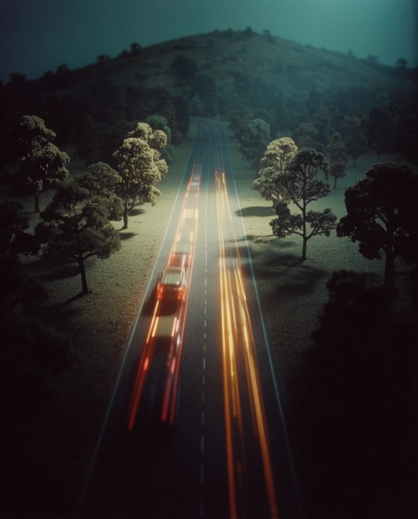 A central highway streaked with vibrant, glowing amber and crimson light trails from passing cars, stretching symmetrically toward a distant, looming hill. The asphalt is flanked by meticulously arranged, stylized trees cast in deep, velvety shadows. The scene exhibits a moody, low-key cinematic photographic style with a theatrical, diorama-like studio set aesthetic. A dramatic central spotlight effect illuminates the middle ground, while the periphery aggressively falls off into heavy, dark vignettes. The color grading relies on heavily desaturated, eerie teal and cyan atmospheric tones that sharply contrast with the warm, luminescent streaks of the traffic. Shot on analogue film with an anamorphic lens, the composition features a wide letterboxed aspect ratio, rich cinematic film grain, subtle halation around the light sources, soft directional lighting, and an overarching surreal, mysterious, and meticulously staged atmosphere.