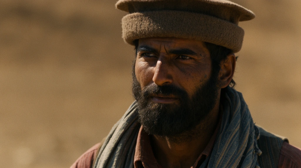A close-up cinematic portrait of a rugged man with a thick dark beard wearing a woolen cap in a sunlit, arid environment. His weathered, tanned face features deep creases around dark eyes that gaze intently off-camera to the left. He wears a flat-topped, rolled-brim brown hat and a dusty, striped grayish-blue scarf draped over a reddish-brown collared shirt. The background is a heavily blurred expanse of warm sandy brown. Captured with widescreen framing, harsh directional sunlight from the right casts deep dramatic shadows across the left side of his face. The shallow depth of field and authentic film grain emphasize the coarse textures of his facial hair and woven garments, creating a highly tactile, atmospheric composition.