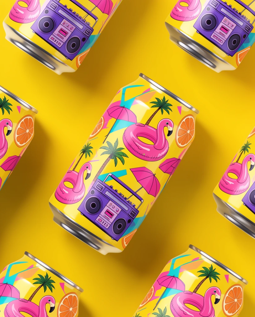 Glossy aluminum beverage cans are arranged in a diagonal grid on a vibrant, solid yellow background. The cans feature a bright yellow base decorated with energetic 1980s retro pop-art illustrations, including pink flamingo pool floats, purple boomboxes, orange slices, pink umbrellas, palm trees, and cyan geometric shapes. Rendered as a high-end 3D product mockup from a top-down flat-lay perspective, the scene utilizes crisp studio lighting to cast soft drop shadows, emphasizing the vibrant color palette and playful, summery aesthetic.