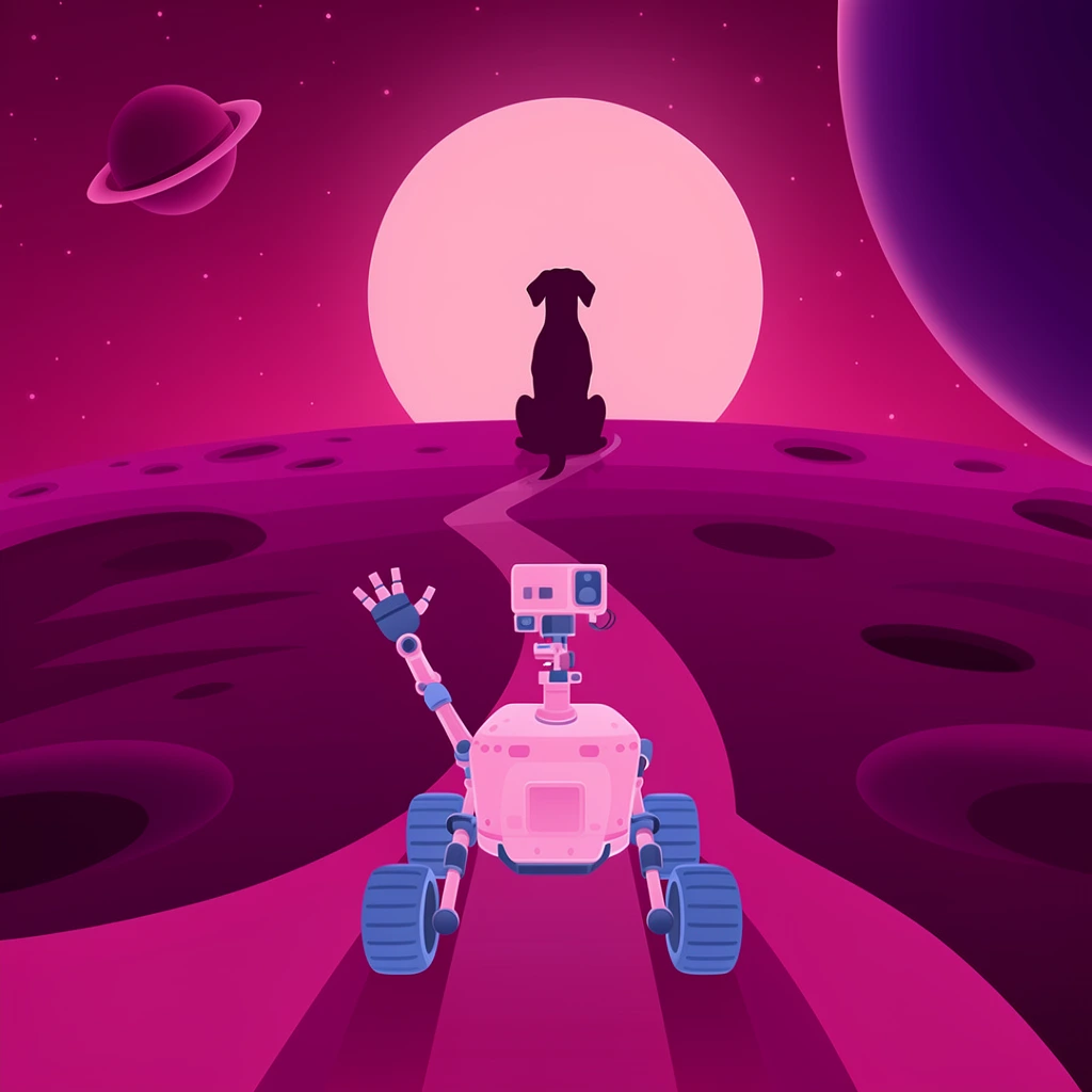 A stylized, monochromatic magenta and pink illustration depicting a robotic rover on an alien landscape gazing at a massive pale pink moon. The rover, centered in the lower half, has a rounded light pink chassis, mechanical arms, and four blue wheels, with its left arm raised in a wave. The landscape consists of rolling, cratered terrain rendered in shades of deep purple and magenta. A path of lighter pink leads from the rover towards the horizon. Against the glowing, oversized moon in the background, a silhouette of a sitting dog is visible. The sky is a gradient of deep magenta to purple, dotted with small stars and featuring a ringed planet on the left and a portion of a smooth, dark purple celestial body on the right edge. The composition is symmetrical and atmospheric.