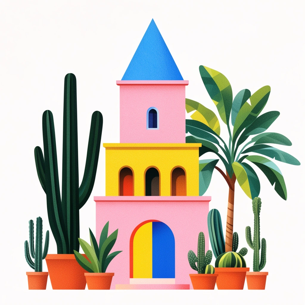 stylized architectural illustration on a solid white background, whimsical multi-tiered building, tall pink tower with a bright blue conical roof, yellow middle tier featuring arched doorways, pink base level with a split yellow and blue arched entrance, surrounded by oversized potted plants, towering dark green cactus on the left, large tropical palm tree on the right, assorted smaller cacti in terracotta planters, flat geometric vector art style, vibrant pastel and primary color palette, digital stippling and grainy texture effects, minimalist composition