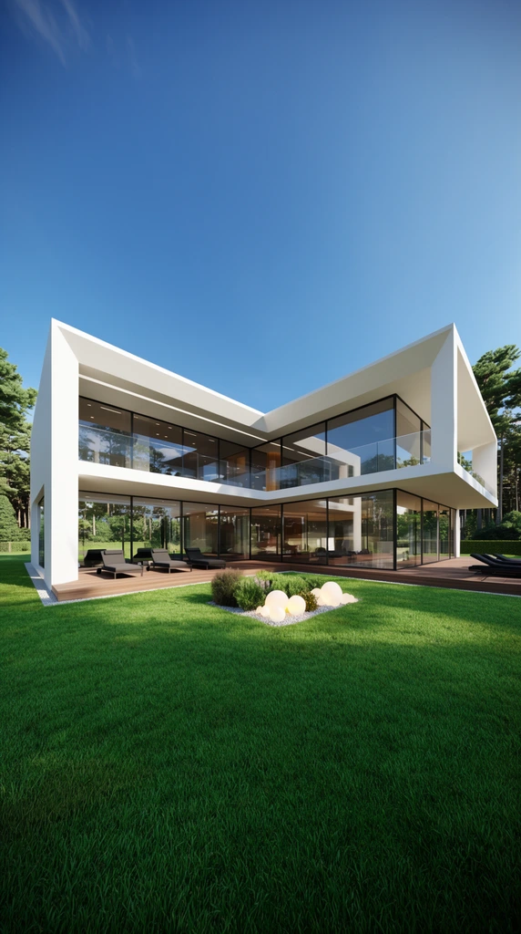 A modern two-story architectural villa with a stark white geometric frame and extensive floor-to-ceiling glass walls stands under a clear blue sky. The L-shaped structure features an overhanging second floor with a glass-balustrade balcony, sheltering a ground-level wooden deck furnished with dark lounge chairs. A vibrant green manicured lawn extends into the foreground, highlighted by a small garden bed containing glowing white spherical lights. Dense pine trees border the property. This photorealistic architectural rendering uses a wide-angle perspective and bright daylight to emphasize crisp architectural lines and sharp shadows.