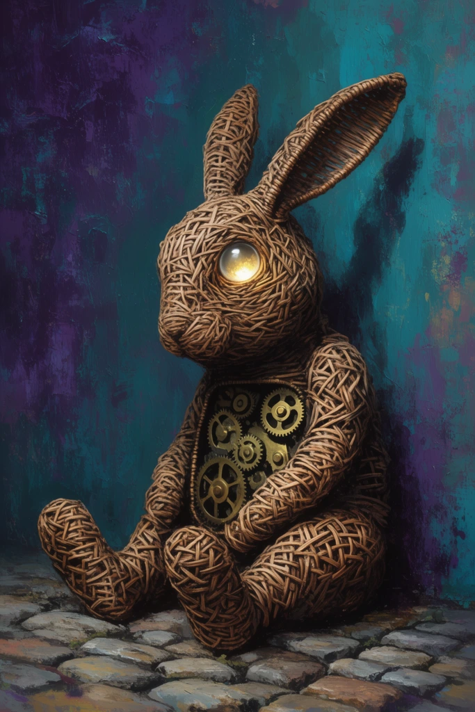 slumped woven wicker rabbit, exposed brass chest gears, single glowing glass eye, resting on cobblestones, deep teal and violet mottled background, rough grunge impasto strokes