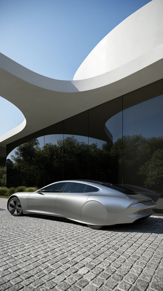 sleek aerodynamic silver car with covered rear wheels, dramatic curved white concrete architectural overhang, dark tinted glass building facade reflecting lush trees, textured gray cobblestone driveway, bright daylight casting sharp shadows, modern minimalist aesthetic, architectural photography