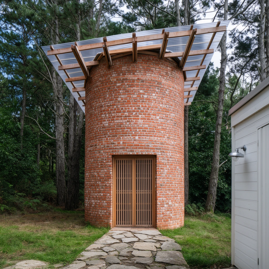 A cylindrical red brick tower stands among tall pine trees in a forested clearing. The structure features a slatted wooden double door at its base and an asymmetrical, angled roof overhang constructed from exposed wooden beams and translucent corrugated panels. An irregular stone slab path leads to the entrance. To the right edge, a white wood-paneled building with a metal wall sconce is partially visible. Soft, diffused daylight highlights the highly textured brickwork and lush green foliage in a crisp, realistic architectural photography style.