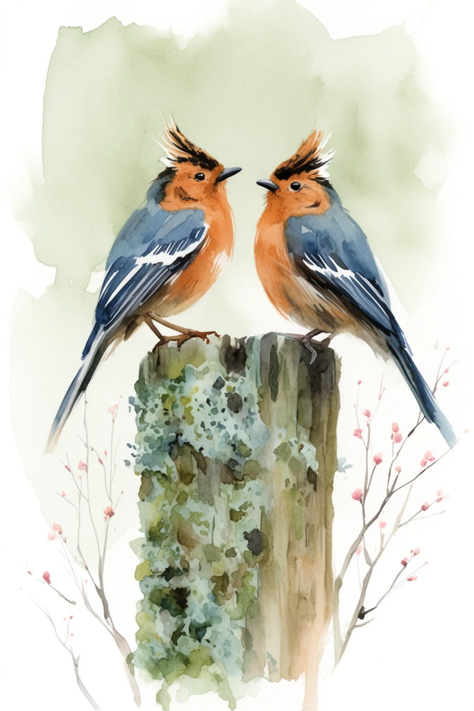 A loose watercolor painting of two crested birds with rust-orange breasts and blue-grey wings featuring white stripes, perched facing each other on a thick, lichen-covered wooden post. Delicate branches with tiny pink buds frame the textured post against an abstract, pale sage green wash fading into white paper, showcasing soft, fluid brushwork.