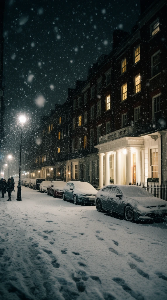 heavy nighttime snowfall on a city street, parked cars heavily blanketed in fresh snow, stately brick townhouses, a brightly lit building entrance with white classical columns, warm yellow light from scattered upper windows, silhouetted pedestrians on a snowy sidewalk, glowing streetlamps, footprints stamped into the foreground snow, dark sky layered with blurred falling snowflakes, cinematic high-contrast lighting, urban winter photography