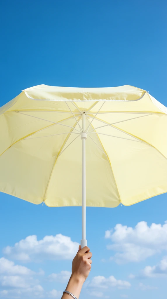 underside of a pale yellow umbrella against a vibrant blue sky, low angle perspective, taut pale yellow fabric, white radiating support ribs, central white pole, single human hand with a silver bracelet grasping the bottom of the pole, scattered fluffy white clouds near the lower horizon, minimalist composition, clear sunny daylight, bright airy color palette, crisp contrast