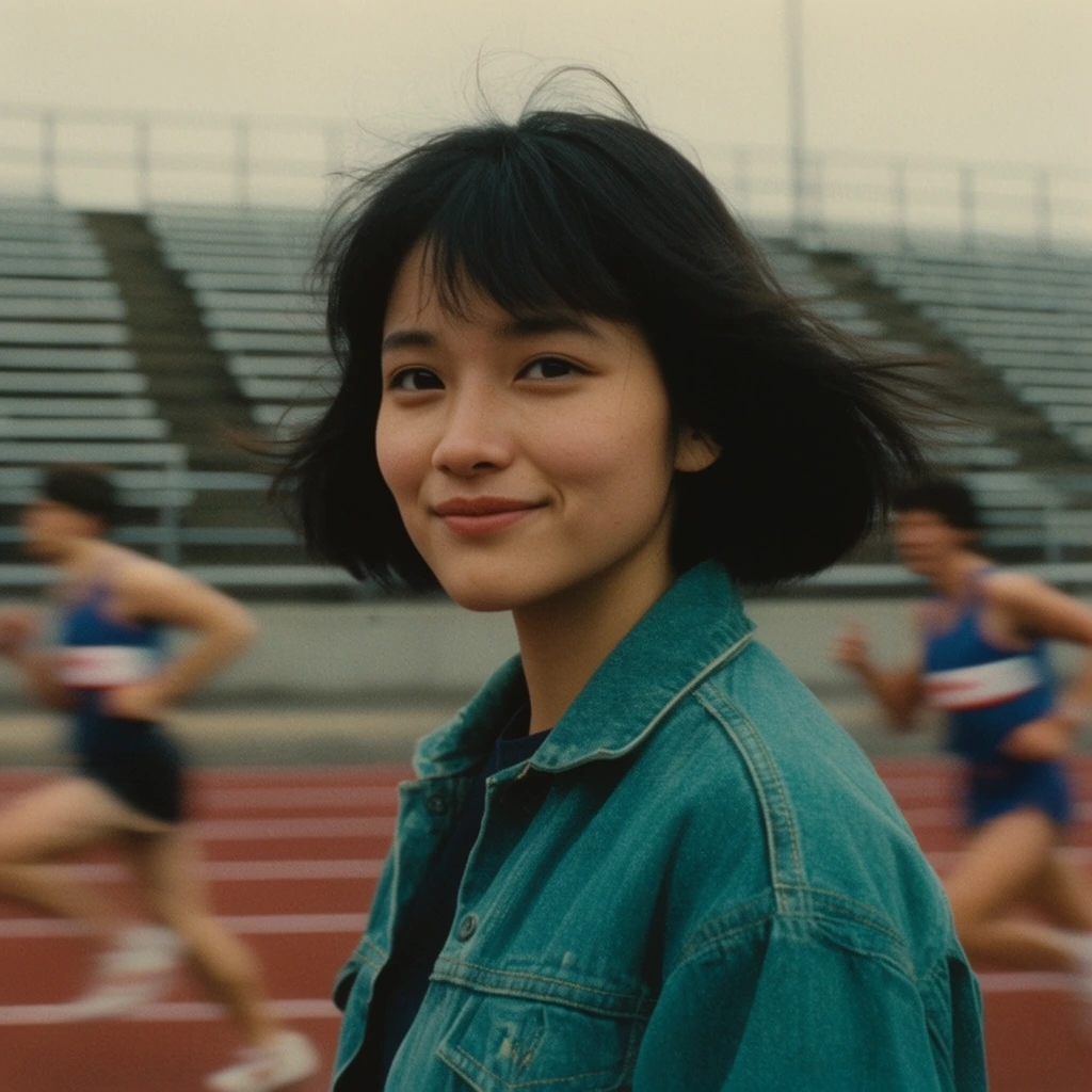 young woman with a short black bob, teal denim jacket, soft smile, windblown hair, medium close-up, blurred track runners sprinting in foreground, empty stadium bleachers behind, overcast lighting, 35mm film still, cinematic 1980s aesthetic