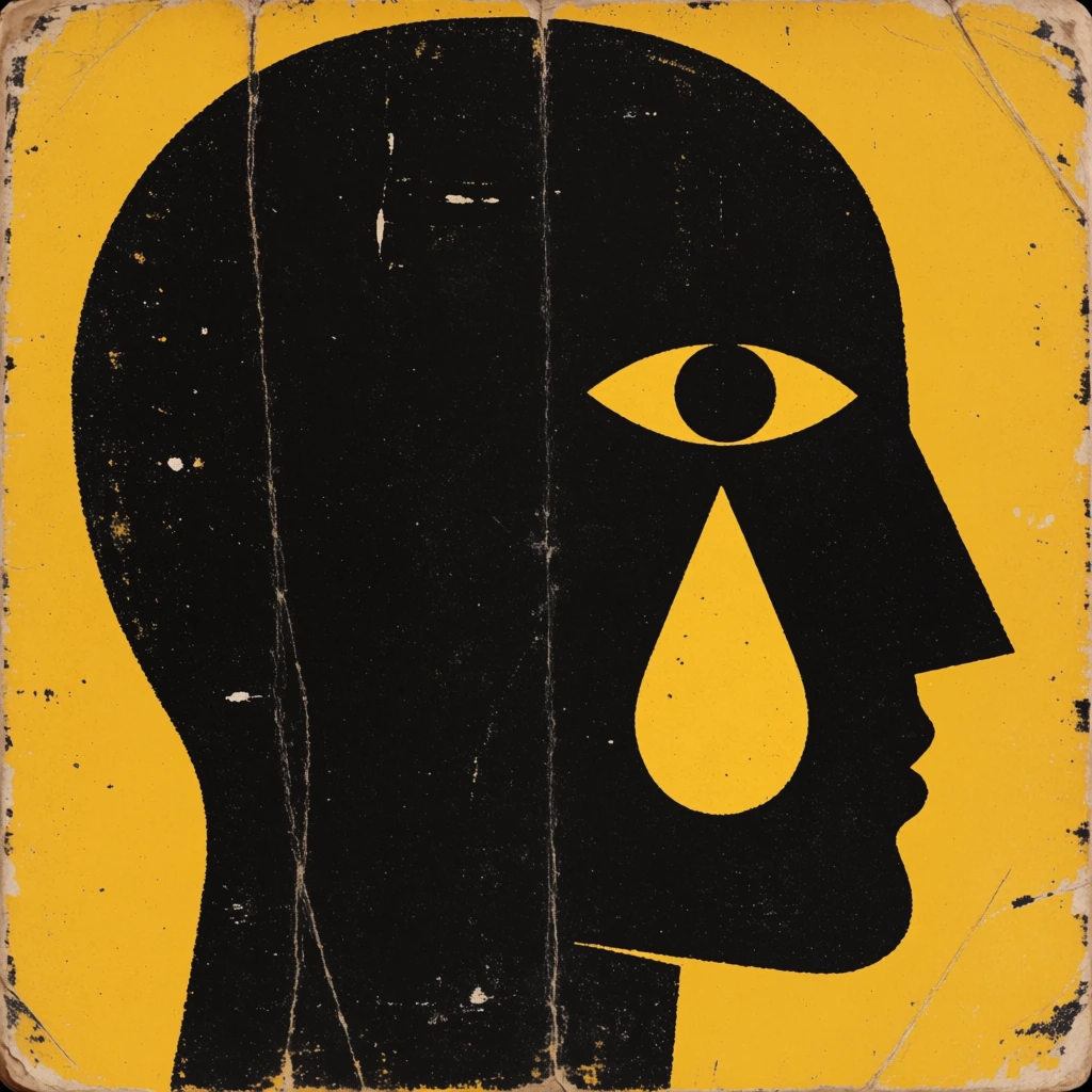 A vintage, high-contrast graphic illustration features the stark black silhouette of a human head in profile set against a bright mustard-yellow background. The right-facing profile is defined by sharp, minimalist contours. Within the solid black form, a geometric, almond-shaped yellow eye hovers above a single large, stylized yellow teardrop. The artwork relies on flat, two-color block printing techniques. The physical surface exhibits heavy weathering, showcasing deep vertical creases, scattered white scuff marks, and distressed worn edges where the black ink has deteriorated, lending a highly textured and aged retro aesthetic to the striking design.