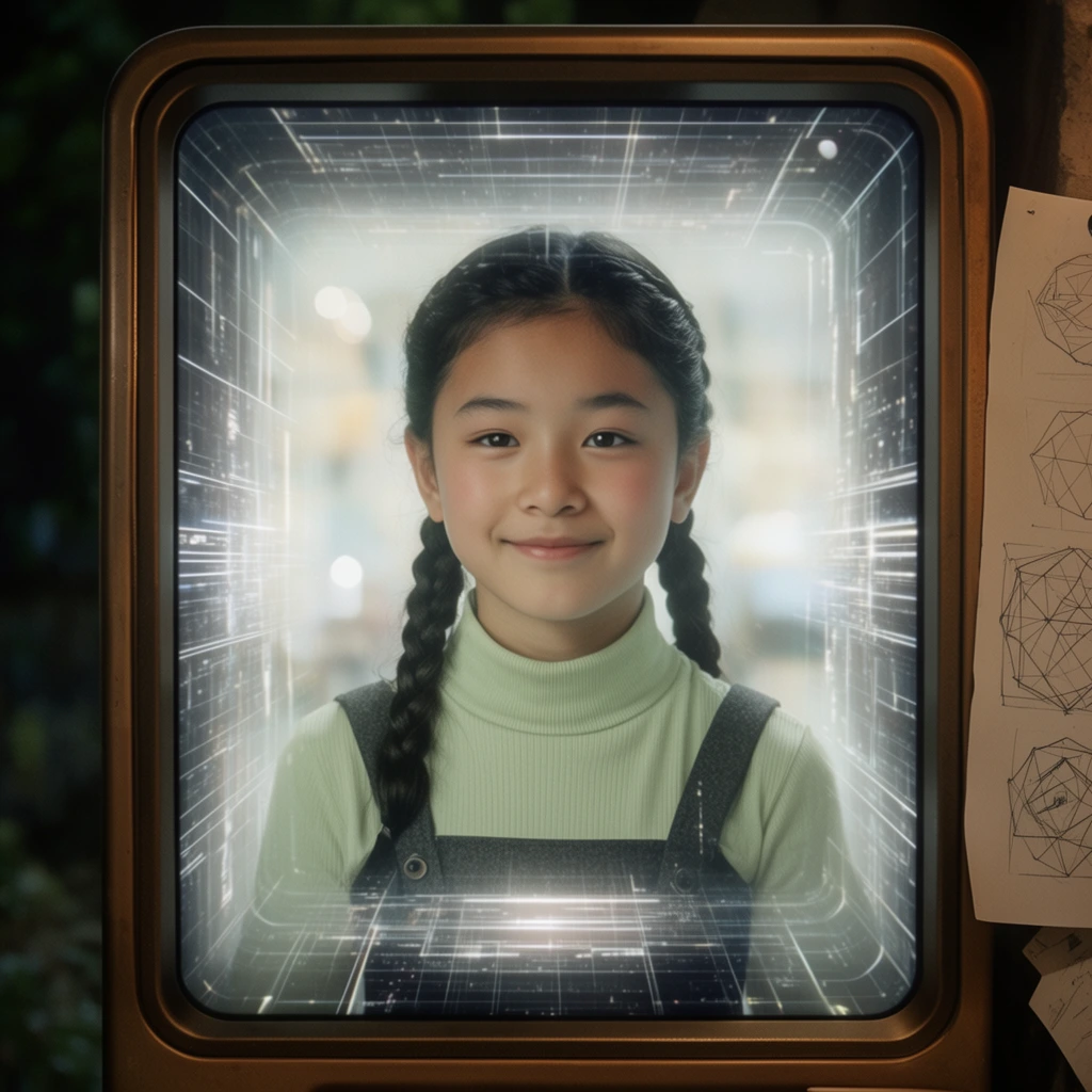 young girl with braided dark hair smiling gently on a futuristic display screen, deep recessed monitor with glowing white perspective lines forming a digital tunnel, thick bronze bezel framing the display, girl wearing a pale green turtleneck under a dark grey strap garment, softly blurred bright background behind her, dark out-of-focus exterior environment, paper with geometric sketches hanging on the right edge, cinematic lighting, shallow depth of field, retro-futuristic aesthetic