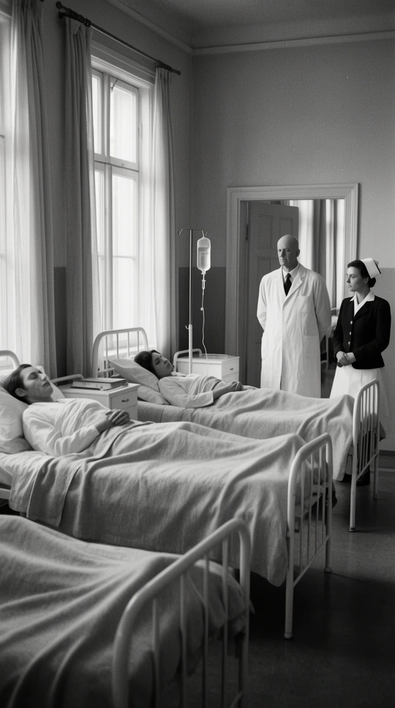 A black and white cinematic still of a mid-century hospital ward with two patients resting in white tubular metal beds under heavy sheets. On the right, a bald male doctor in a long white coat and a female nurse in a dark jacket stand silently near an open doorway. Tall windows with light curtains illuminate the room, casting soft shadows. An IV drip stand sits between the beds. Deep focus and naturalistic lighting create a solemn, quiet atmosphere typical of classic film photography.