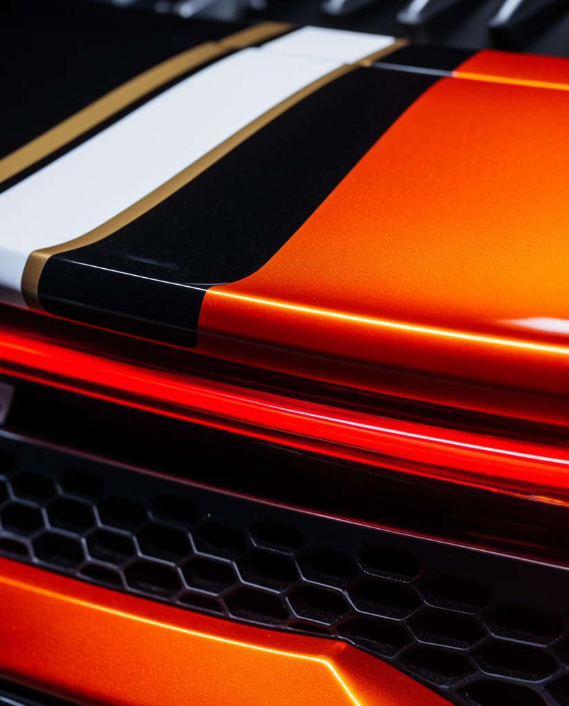 macro automotive photography, vibrant metallic orange sports car rear panel, white and gold racing stripes on black upper section, red horizontal tail light, dark honeycomb lower grille, glossy finish, dramatic studio lighting