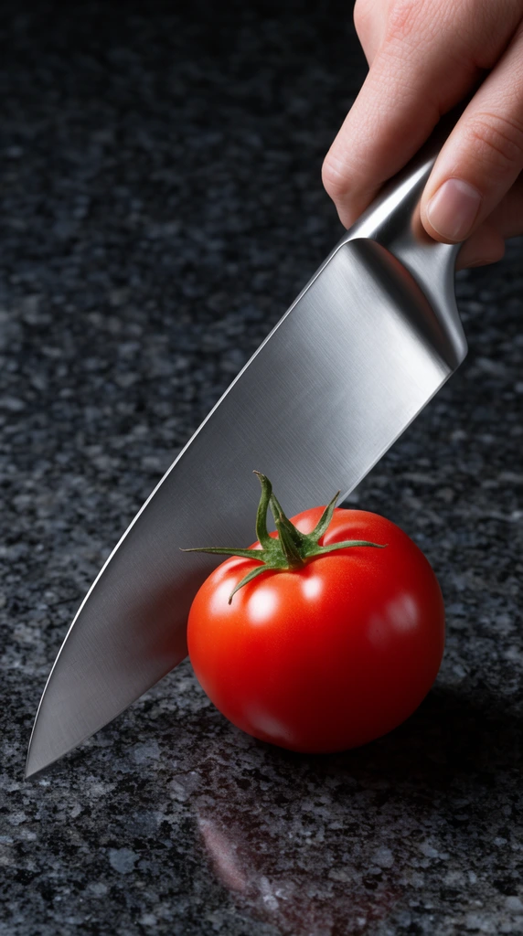 close-up high-end food photography, sharp stainless steel chef's knife resting on a bright red ripe tomato, fresh green stem, hand gripping the handle in upper right, dark grey mottled granite surface, sharp metallic highlights, glossy reflection on tomato skin, soft shadow, studio lighting, high contrast
