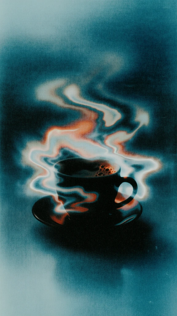 grainy lo-fi analog film texture, abstract liquified distortion, ceramic coffee cup on a saucer with bubbles on the surface, centered composition with a glowing warped aura, psychedelic swirling ripples, vibrant amber and white highlights, deep saturated teal and cyan background, hazy ethereal atmosphere, high-noise experimental photography style, soft focus, organic light leaks, moody and dreamlike aesthetic, saturated color palette.