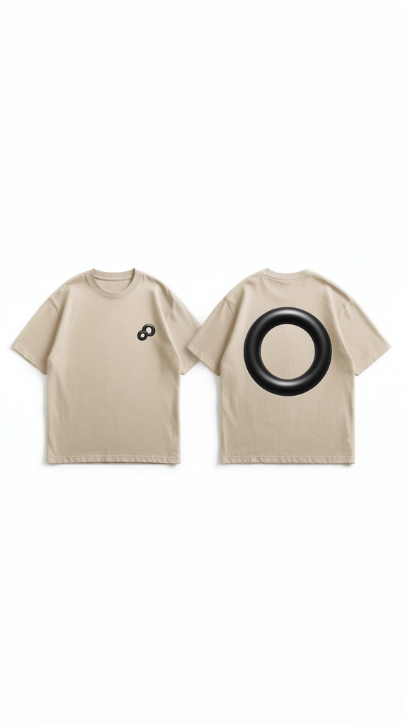 two beige short-sleeve crew neck t-shirts side-by-side, front and back views, left shirt shows a small dark graphic on the left chest, right shirt features a large black 3D circular ring graphic on the back, clean white background, flat lay product photography, minimalist apparel mockup, soft even lighting