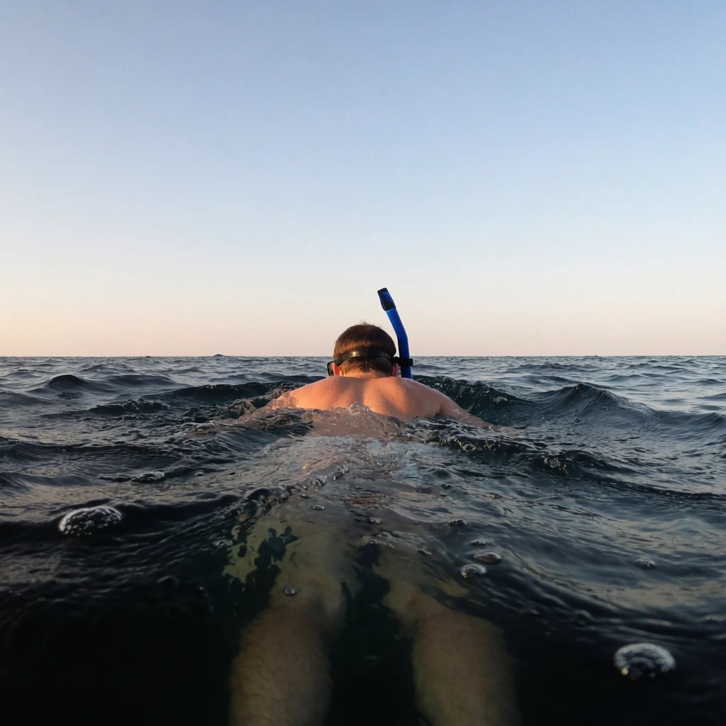 A person snorkeling in open water, seen from a low angle just above the surface. The swimmer's upper back, back of the head, and black mask strap are visible above the dark, churning water, with a bright blue snorkel tube extending upwards. Below the water's surface, the faint outline of the person's legs extends downwards. The water is deep blue-black, marked by ripples, small waves, and scattered bubbles. The horizon line sharply divides the textured water from a vast, clear sky that gradients from pale blue at the top to a warm, very pale peach tone near the horizon line. The lighting suggests early morning or late afternoon, casting subtle highlights on the wet skin and water ripples.