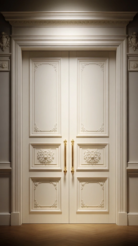 A stately pair of tall, cream-white palace doors fills the frame, centered and symmetrical, with ornate classical molding and polished gold handles glowing under soft warm light. architectural interior photography, photorealistic render or ultra-clean high-end photograph, neoclassical, baroque revival detailing, luxury design catalog, symmetrical composition, front elevation view, elegant, refined, quiet, formal, opulent, minimal subject matter but high ornamental detail, visually adjacent to architectural imagery inspired by Axel Vervoordt interiors, Jacques Garcia restraint, Vincenzo De Cotiis polish without roughness, ivory, champagne white, warm beige, muted taupe shadows, honey gold, medium-low contrast, soft spotlight from above, gentle falloff, crisp detail, no obvious motion blur, no visible grain, no lens distortion, no text, no people, vertical framing. At the very center are two closed double doors meeting in a straight seam from top to bottom. Each door is painted a soft ivory and contains three framed panel zones: a tall rectangular upper panel with delicate floral corner flourishes, a middle square panel with dense raised floral medallion relief, and a lower square panel with simpler corner ornament. Mounted near the center seam, one on each door, are long vertical gold pull handles, positioned slightly below mid-height; each handle ends in a rounded base plate and extends upward in a slender rod, reflecting the overhead light. Along the outer edges of both doors, small brass hinges are visible, two per side. Surrounding the doors is an elaborate classical casing: wide pilaster-like side frames rise on left and right, each with recessed molding and stepped profiles; at the top, a heavy entablature spans across, built of layered horizontal moldings. Just below the crown molding is a narrow decorative frieze with fine carved vine or scroll relief. On the upper left and upper right corners of the surround sit small sculptural crest ornaments, with smaller rectangular relief plaques directly beneath them. The light is brightest at the top center of the entablature and upper doors, then gradually dims downward and toward the side edges, creating a theatrical vignette. At the bottom, a strip of warm brown herringbone wood flooring runs horizontally, grounding the otherwise pale composition. The background beyond the doorway surround is dark and indistinct, making the illuminated doors appear monumental and ceremonial.