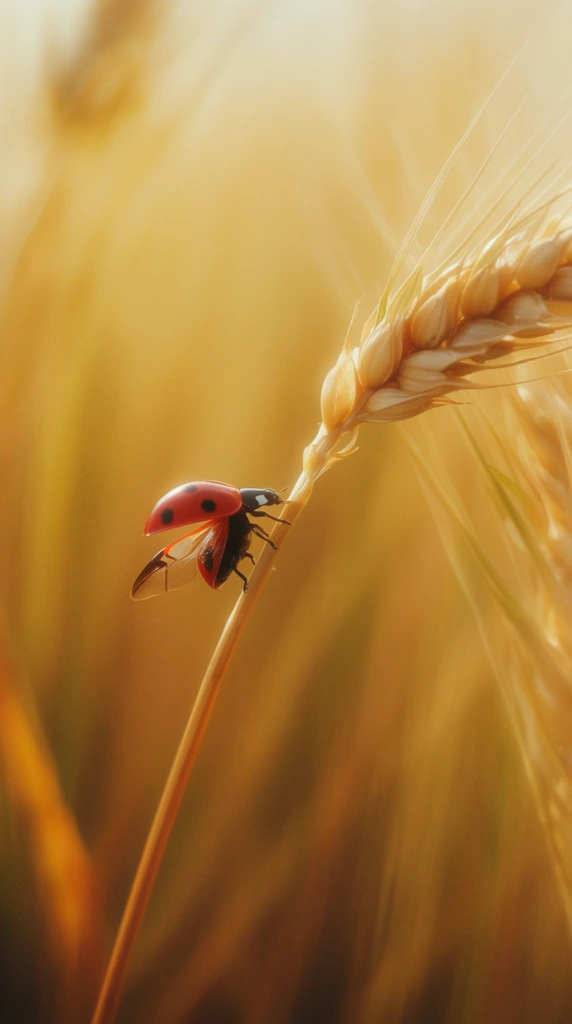 macro photography of a red ladybug with black spots, translucent wings partially opened, perched on a single diagonal golden wheat stalk, bent ear of grain at the top right, soft ethereal glowing amber lighting, shallow depth of field, creamy yellow bokeh background of blurred field grass, minimalist composition, warm golden hour color palette, vintage cinematic softness