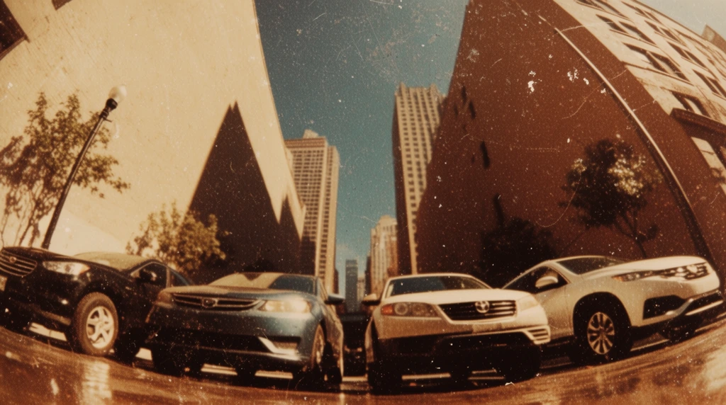 Four cars parked on a wet, reflective ground surface captured from an extreme low-angle, worm's-eye perspective looking sharply upwards. The vehicles loom prominently in the immediate foreground, their shapes exaggerated by a severe wide-angle fisheye lens effect. Flanking the vehicles, nearby lampposts and small trees bend inwards toward the center of the composition, following the heavy barrel distortion of the lens. Rising high into the background, large flat buildings and distant tall skyscrapers converge dramatically toward a patch of muted blue sky, creating a steep vanishing point overhead. The entire scene is rendered with a heavily distressed vintage film aesthetic, permeated by thick film grain, scattered white dust spots, and prominent physical scratches. A nostalgic, warm color palette dominates, washing the scene in rich sepia tones, deep browns, and warm creamy highlights. Harsh, directional sunlight cuts across the urban canyon, casting stark, graphic shadows that enhance the towering, distorted scale of the cars and surrounding architecture.