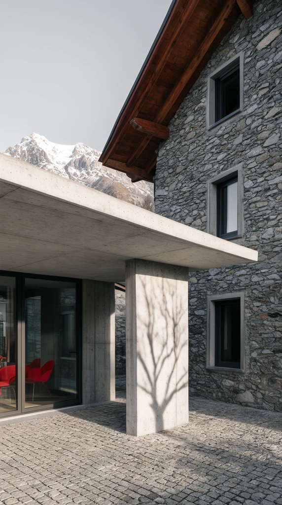 A minimalist concrete extension attached to a multi-story rustic stone building. A flat concrete canopy supported by a thick pillar shades a cobblestone patio and large glass doors revealing red interior chairs. The adjacent stone facade features dark-framed windows and an exposed wooden roof overhang. Strong sunlight casts a bare tree's silhouetted shadow across the concrete pillar. A snow-capped mountain peak is visible between the contrasting rooflines under a pale clear sky.
