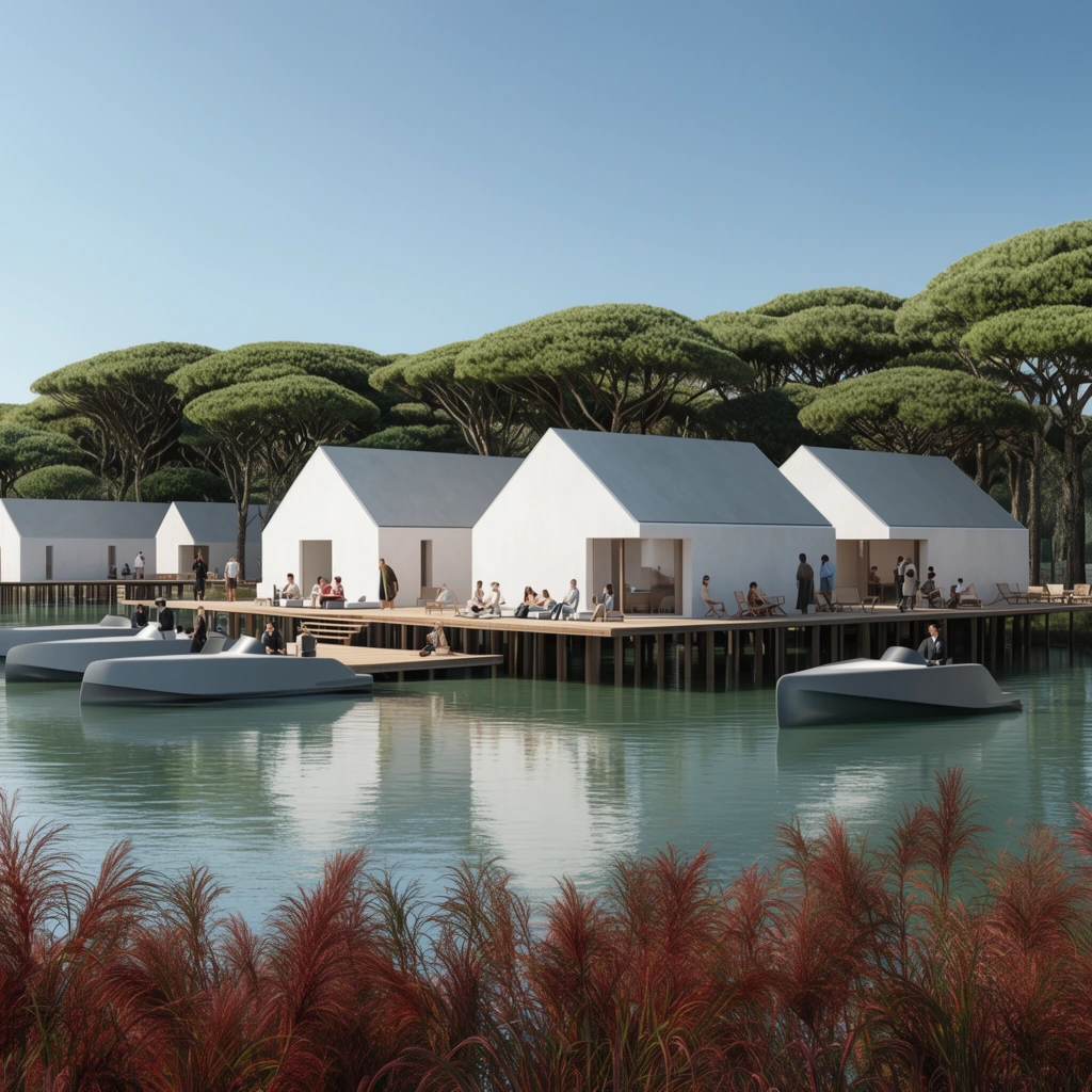 Minimalist white pavilions with pitched grey roofs sit on wooden stilts above calm greenish-blue water. People relax on expansive wrap-around decks and in sleek, futuristic grey boats docked nearby. Lush umbrella-shaped pine trees form a dense backdrop beneath a clear blue sky. Reddish-brown reeds frame the foreground of this bright, photorealistic architectural rendering.