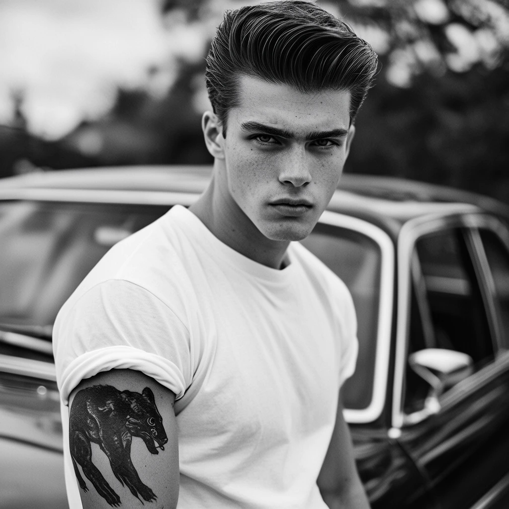 black and white portrait, young man with pompadour, rolled-up white t-shirt, presenting dark animal bicep tattoo, vintage car in soft focus background, high contrast monochrome, intense direct gaze