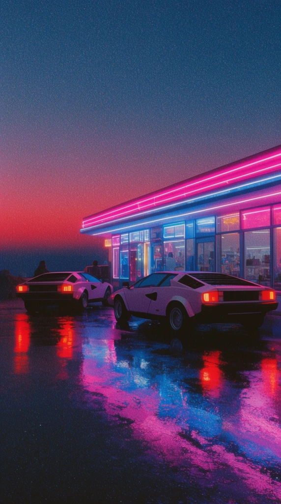 retro-futuristic storefront illuminated by pink and blue neon signs, angular 80s sports cars with glowing red taillights, wet pavement reflecting vivid neon, gradient night sky, heavy film grain, synthwave aesthetic