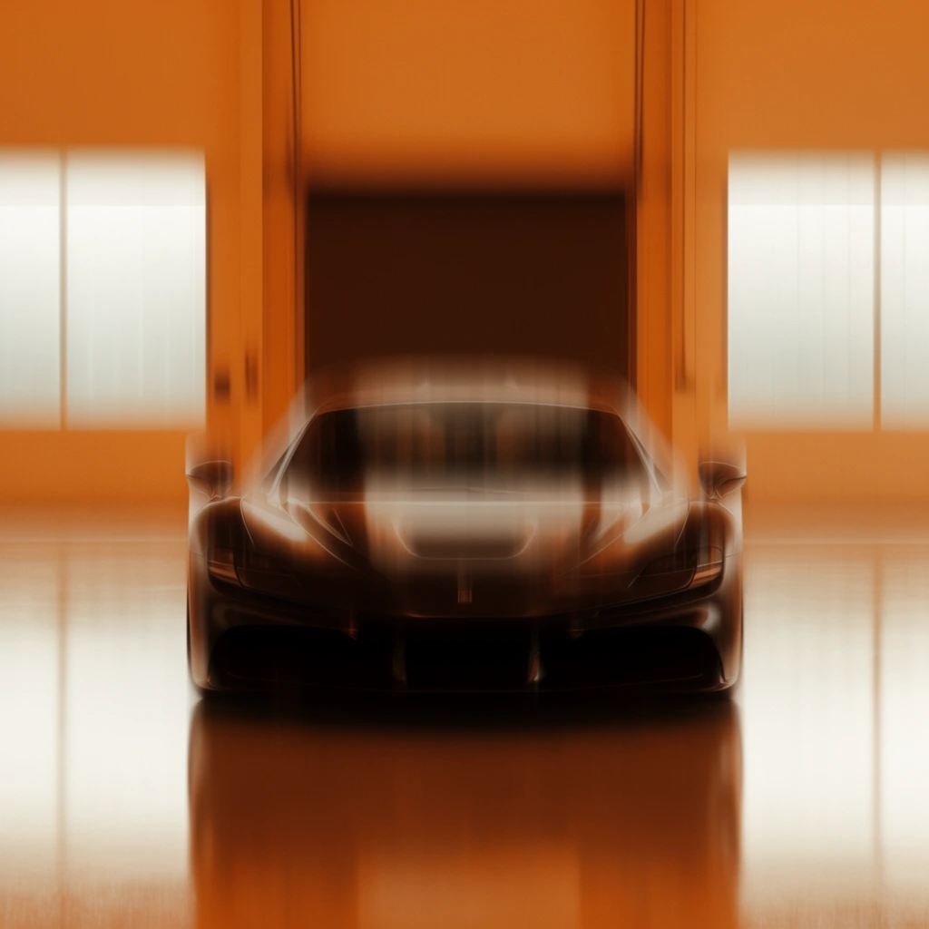 A sleek, dark sports car sits centered in a minimalist warehouse, distorted by a heavy vertical motion blur that creates a ghostly, vibrating effect. The vehicle faces directly forward on a highly polished floor reflecting its silhouette. The entire environment is bathed in a monochromatic, warm amber and orange glow. Behind the car, a dark central doorway is flanked by two bright, frosted rectangular windows emitting soft, diffused light, anchoring the symmetrical, ethereal composition.