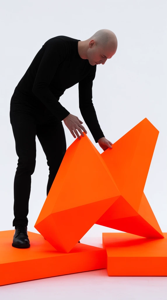 A bald man in fitted black clothing leans forward to touch a bright neon orange geometric sculpture. The angular object rests on matching orange platforms against a stark white background. The composition emphasizes high-contrast colors, sharp structural shapes, and minimalist studio lighting.