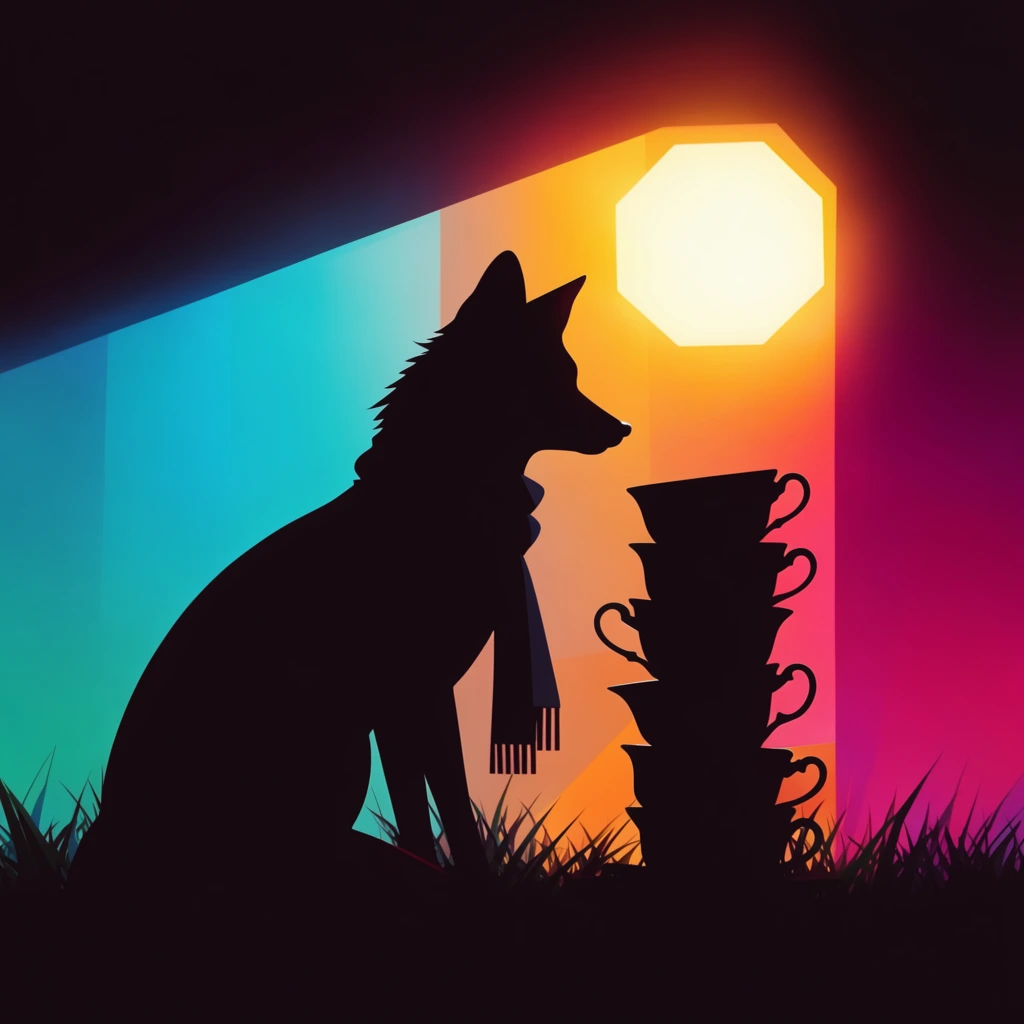 A solid black silhouette of a fox wearing a scarf sits in sharply defined, dark grass beside a vertically stacked column of silhouetted teacups under a brilliantly glowing, flat geometric sun. The scene is rendered as a stylized digital vector illustration defined by extreme high contrast and smooth, matte color fields. Deep pitch-black areas of negative space frame intensely luminous, saturated background panels in vibrant shades of neon cyan, warm golden-orange, and deep magenta. The solid foreground subjects act as stark graphic anchors against the radiant, backlit environment, featuring crisp, razor-sharp edges and flat, uniform fills. The atmospheric lighting relies entirely on the striking juxtaposition of impenetrable darkness against bright, glowing, color-blocked sections, creating a moody, geometric, and highly vibrant graphic design aesthetic.