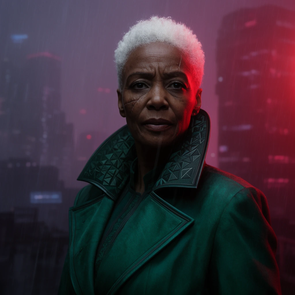 medium portrait of an older Black woman with short white hair and a facial scar, tailored emerald-green trench coat with a high geometric collar, futuristic cityscape background shrouded in thick fog, heavy rain, cinematic neo-noir lighting, harsh crimson and deep violet neon glow, moody atmosphere, shallow depth of field