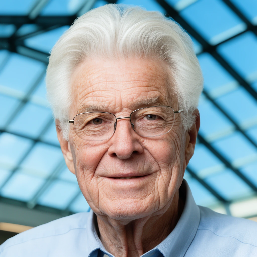 Close-up portrait of an elderly Caucasian man with voluminous swept-back white hair, deep facial wrinkles, thin wire-rimmed glasses, and a light blue collared shirt. He looks directly forward with a gentle expression against a softly blurred background featuring a geometric glass skylight with dark framing and a bright blue sky, captured with even lighting and shallow depth of field.
