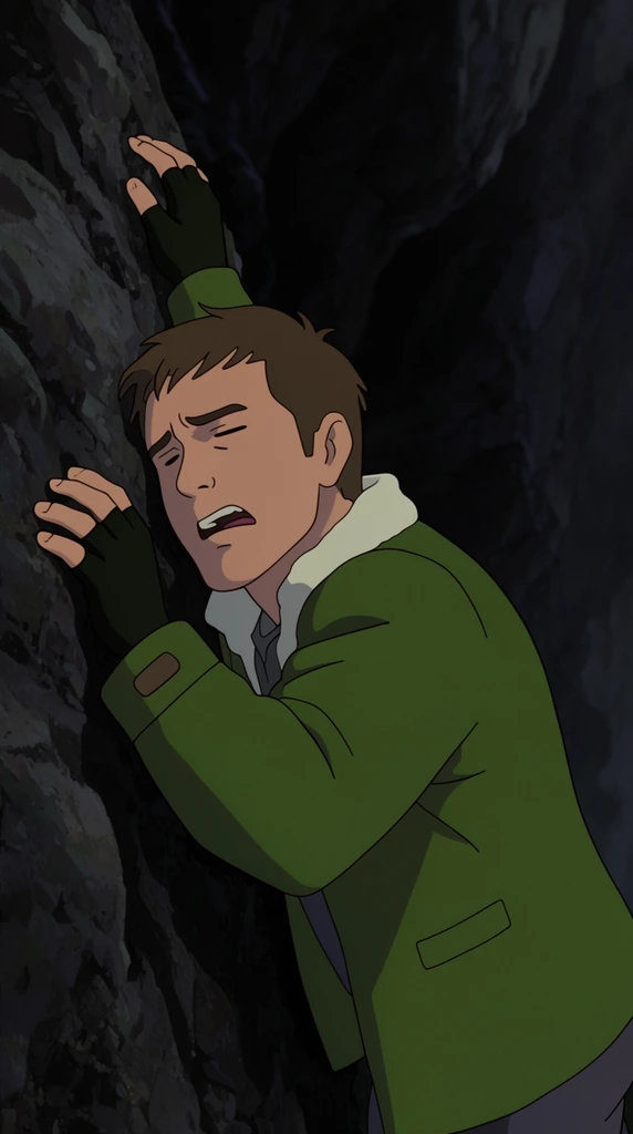 Exhausted animated man clinging to dark rocky cliff, green jacket, white collar, fingerless gloves, strained face, deep shadowy chasm background, 2D animation, flat muted colors