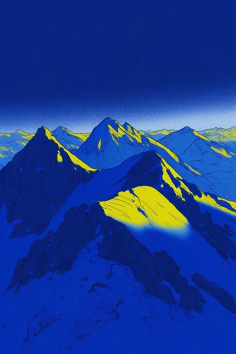 Nocturnal Graphic Surrealism style reference image — cobalt and yellow duotone